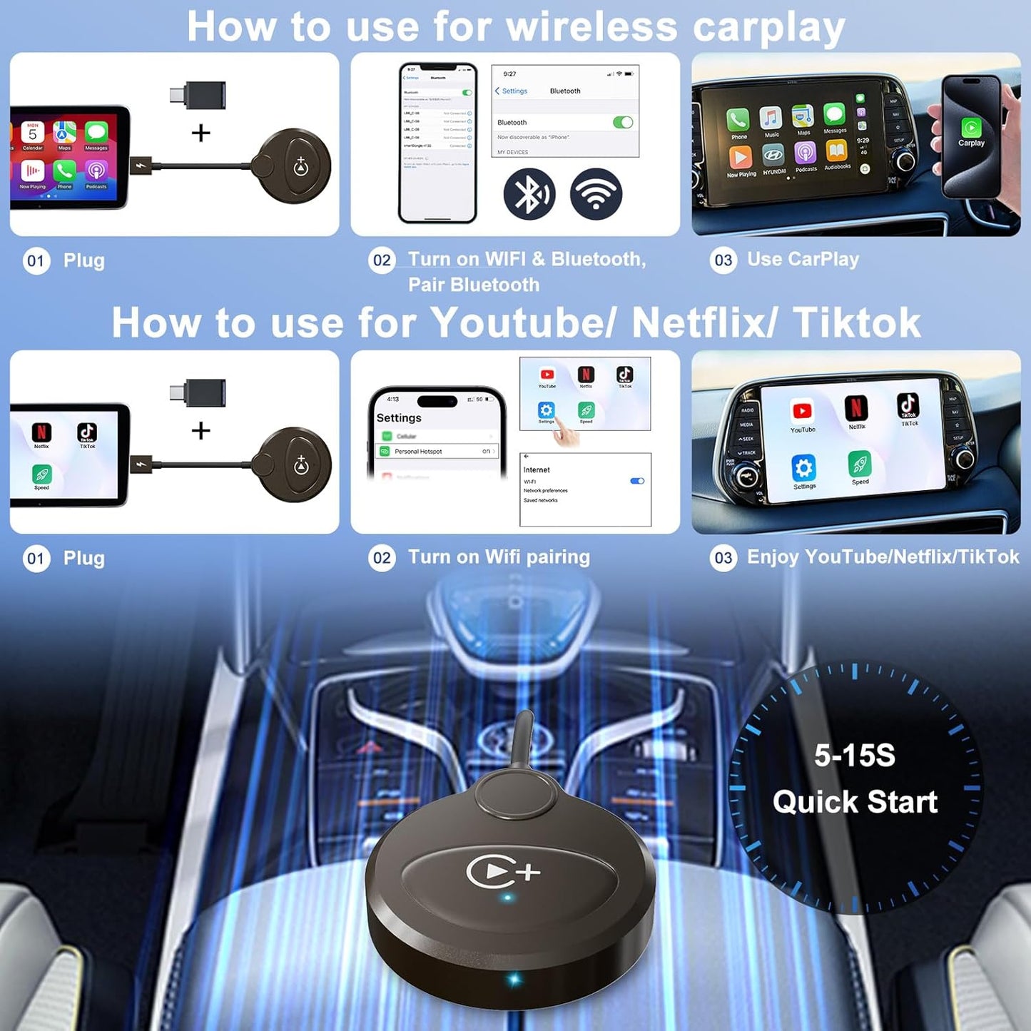 Wireless Carplay Adapter Built in YouTube Netflix Tiktok Stream Media Play  Free Shipping around Metro Vancouver One Year Warranty